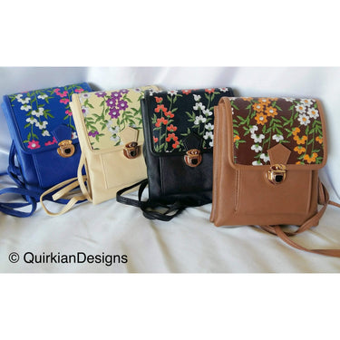 Blue Fake Leather Bag With Pink, Green And White Floral Embroidery Design, Day Clutch, Shopping Crossbody Sling Purse, Faux Leather Bag